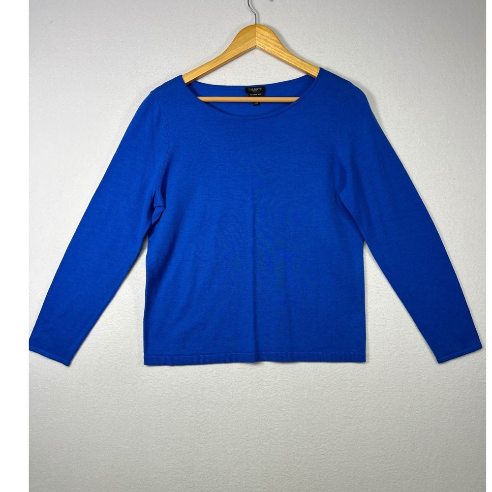 Classic Talbots Women LP Blue Pure Merino Wool Crew Neck Long Sleeve Sweater‎